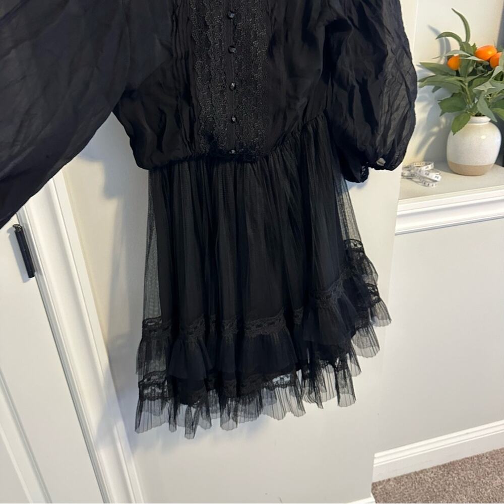 Alice + Olivia Black Silk Button Front Tulle Long Sleeve Mini Dress Small - Picture 10 of 12